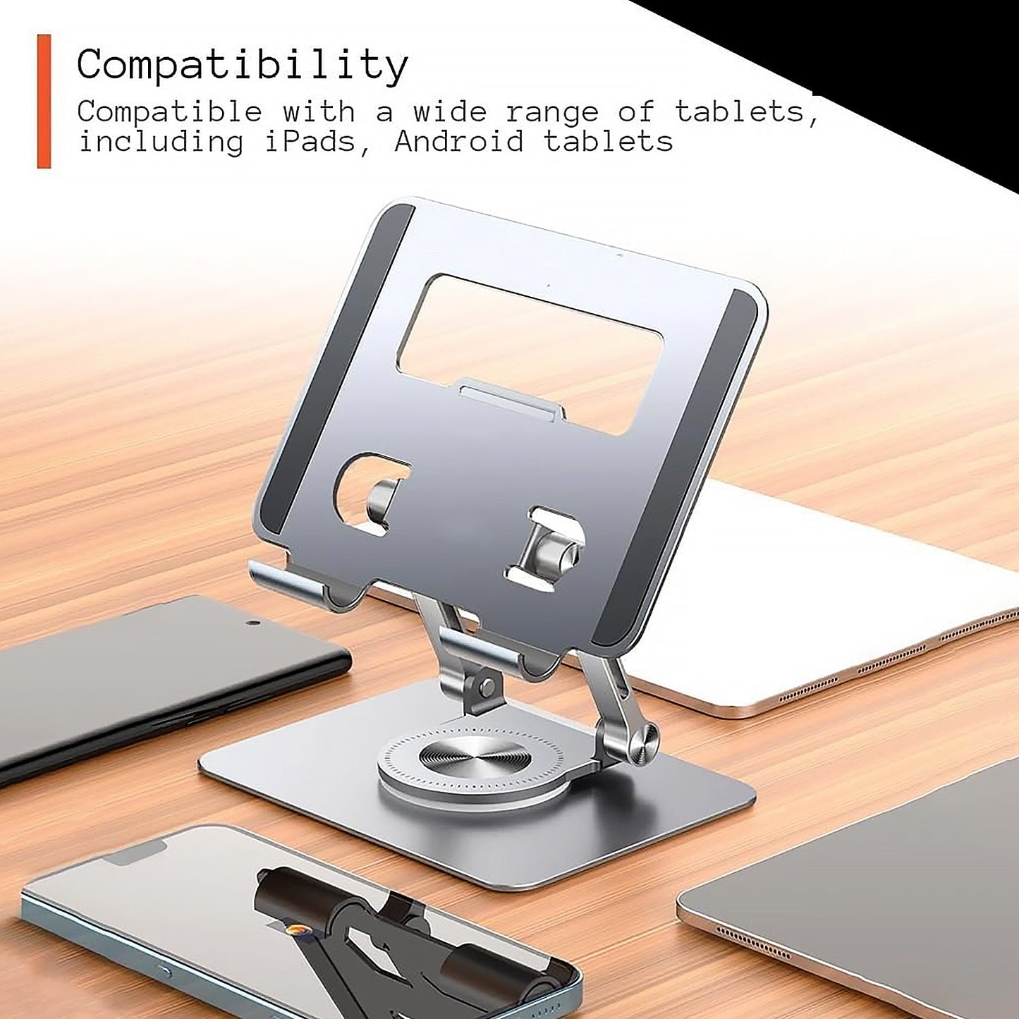 tablet stand, foldable tablet holder, aluminum tablet mount, adjustable tablet stand for desk, 360 rotating tablet stand, iPad holder