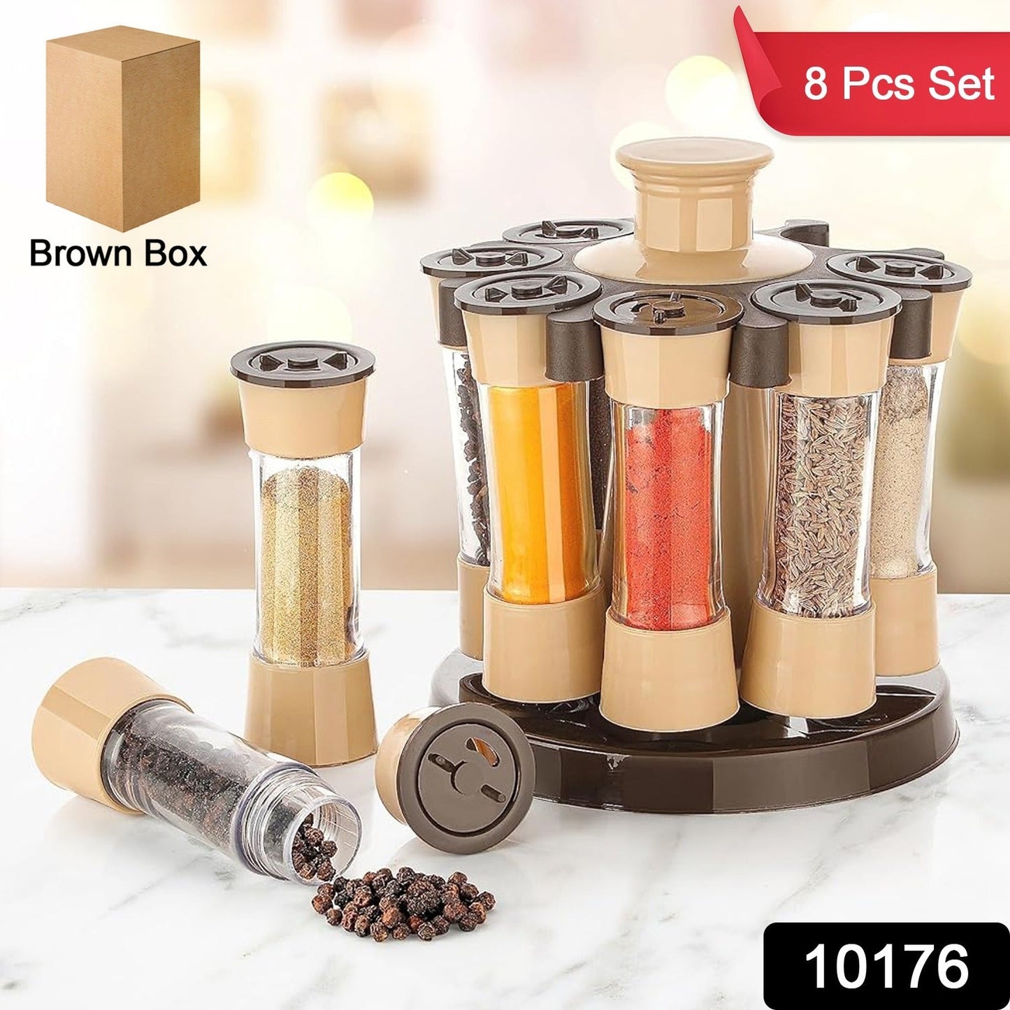 360‑degree revolving spice rack with 8 jars, rotating masala organizer for dining table, transparent jar kitchen spice rack, compact revolving condiment stand, high‑capacity spice jar rack