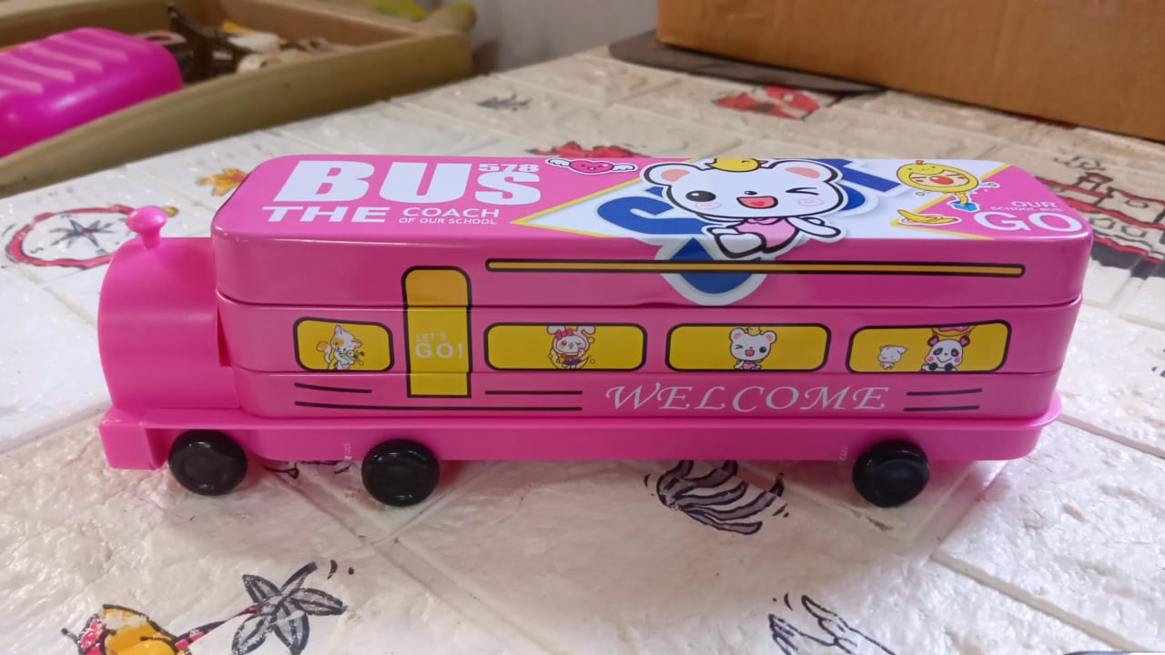 Bus-shaped pencil case with movable wheels, double decker. bus shape compass box, metal pencil case for kids, 2 layer kids compass box, sharpener pencil box, double decker bus stationery box, kids birthday gift