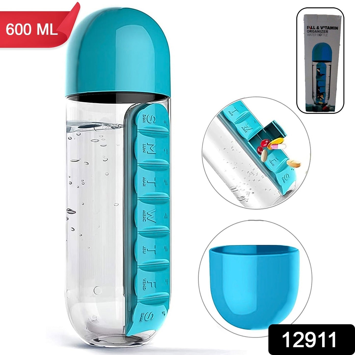 daily pill box integrated in water bottle, portable hydration bottle with pill holder, compact pill case bottle for office and fitness,