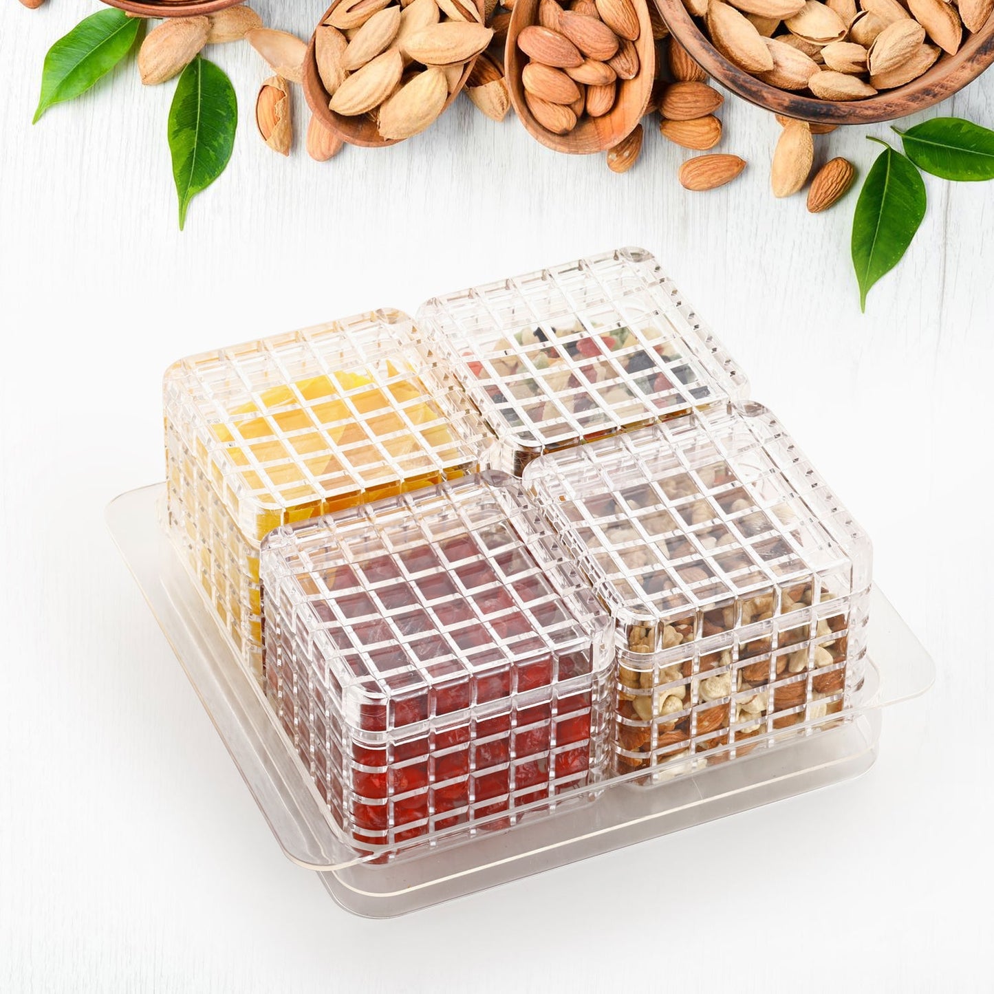 Clear plastic dry fruit box set with serving tray Ganesh
