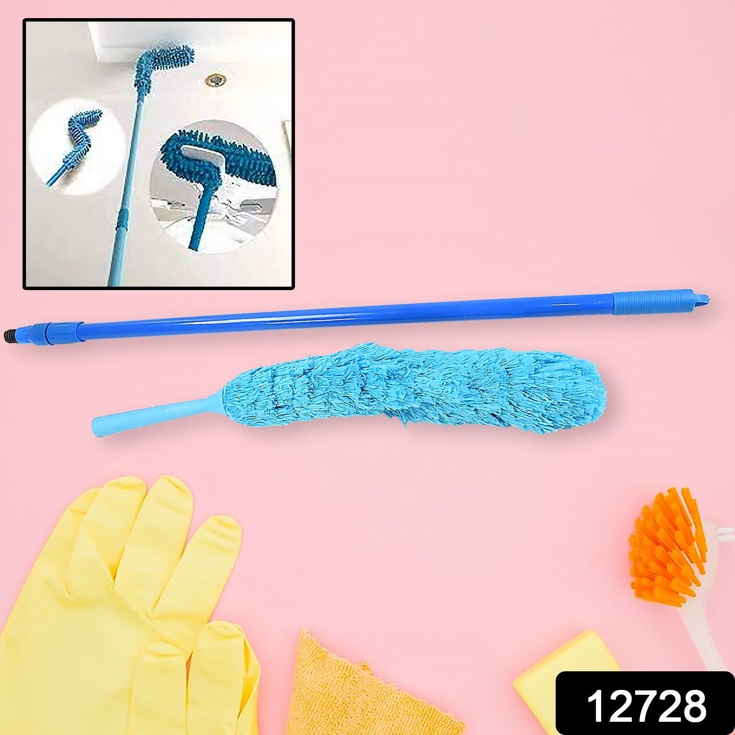 Foldable dust cleaning brush extended to reach high walls and corners