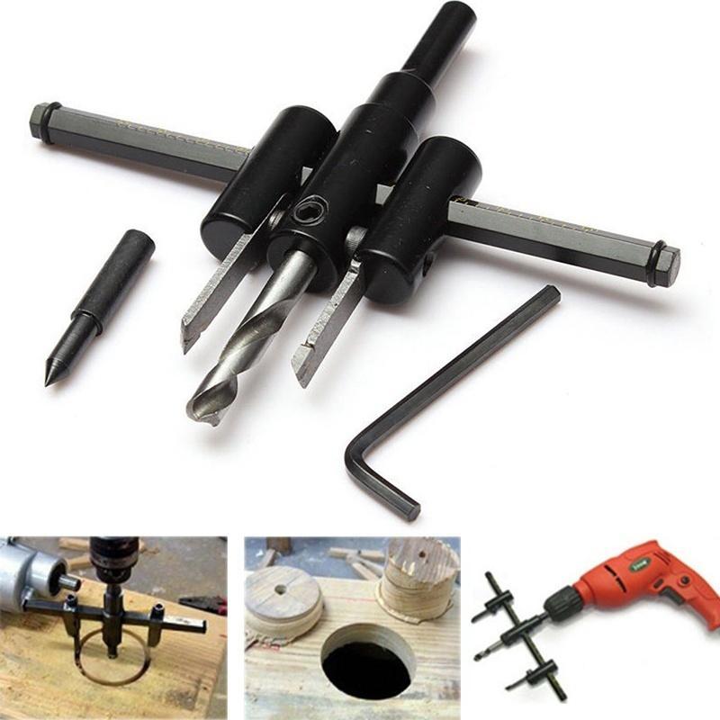 Adjustable drill bit hole cutter kit with hex key and blades