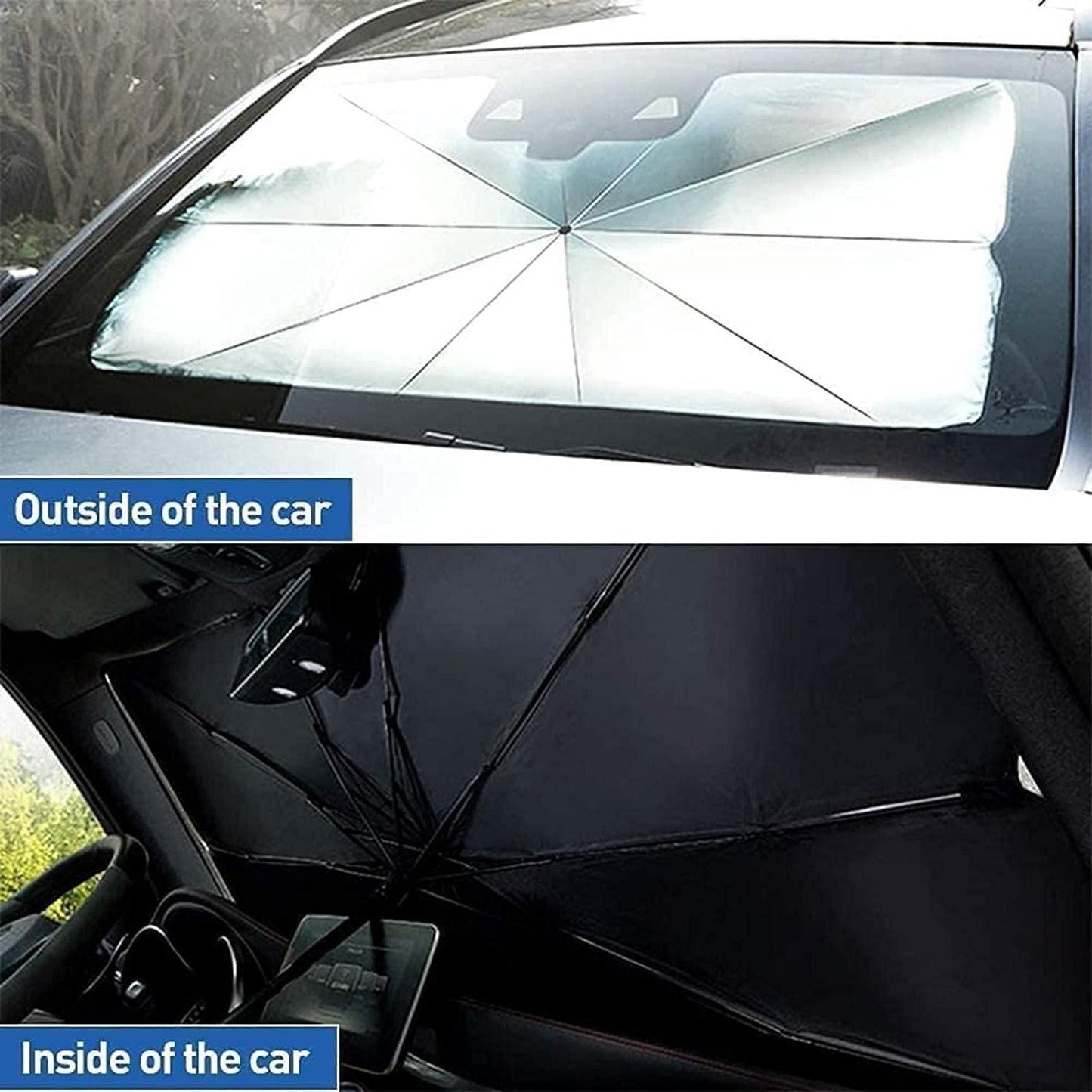 Car sunshade shown from outside and inside the car with an umbrella. Windshield sun shade umbrella with alloy steel construction providing superior car front window protection