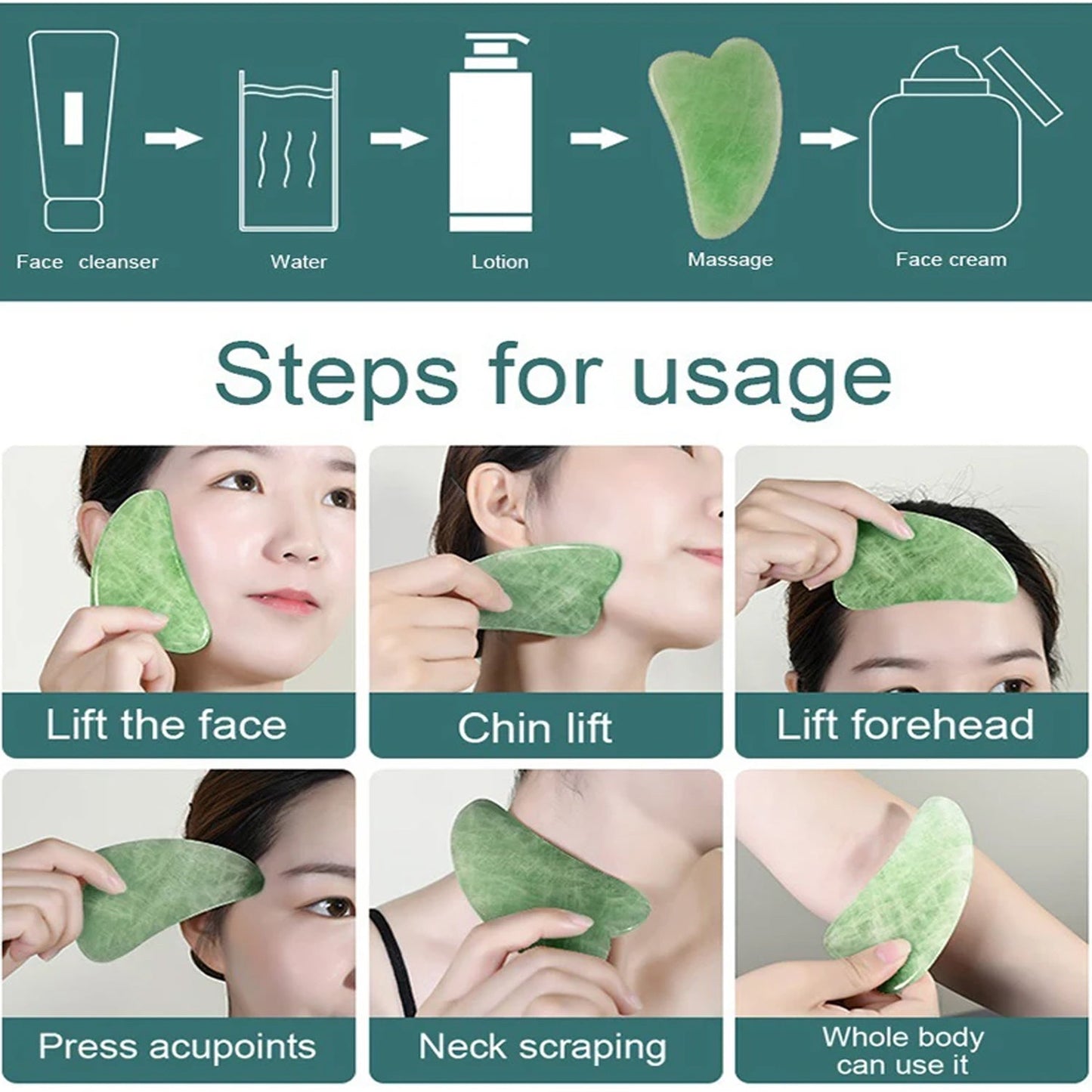 Natural jade gua sha facial tool and roller set for anti-aging and skin rejuvenation