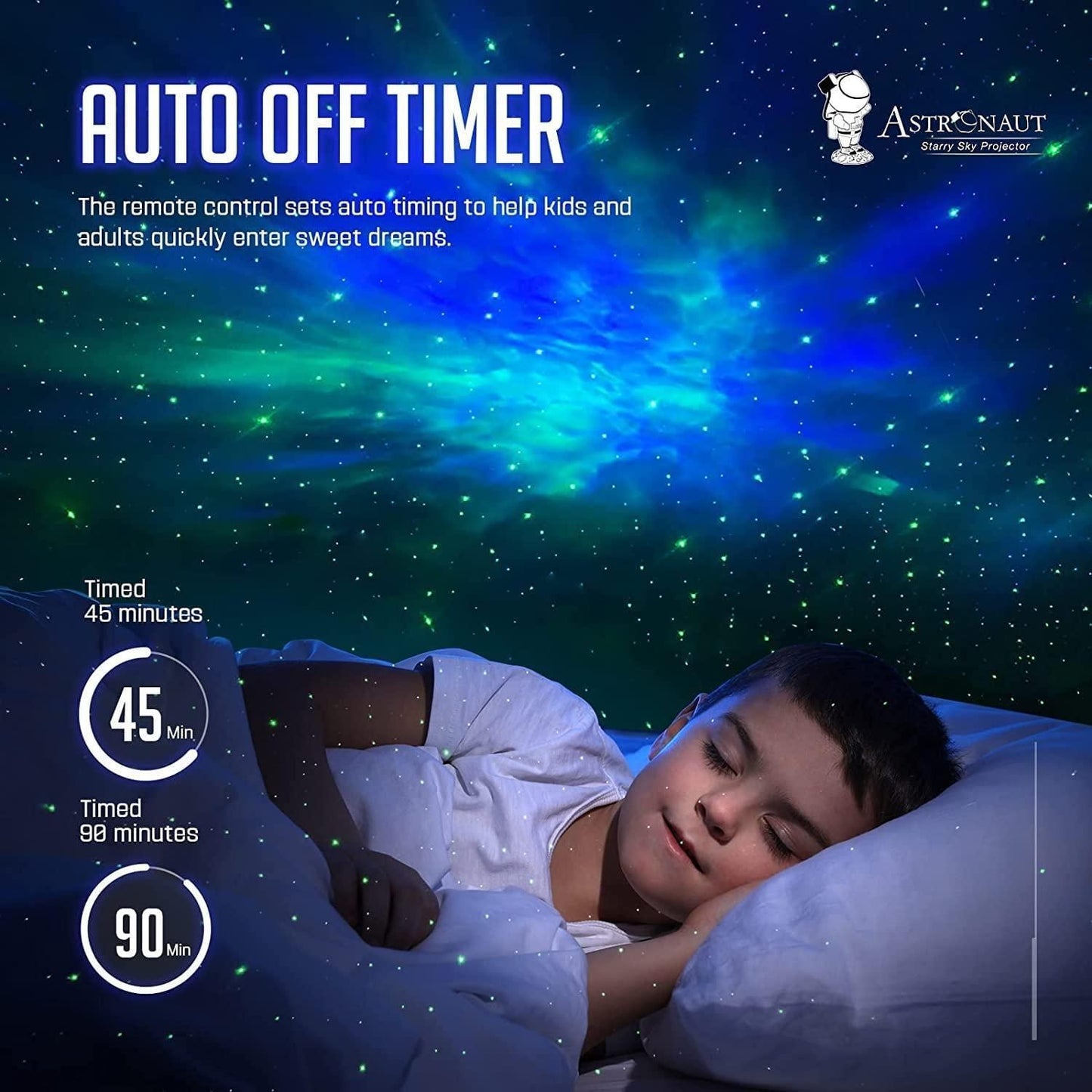 Child lying in bed with a starry night sky and Astronaut product branding.