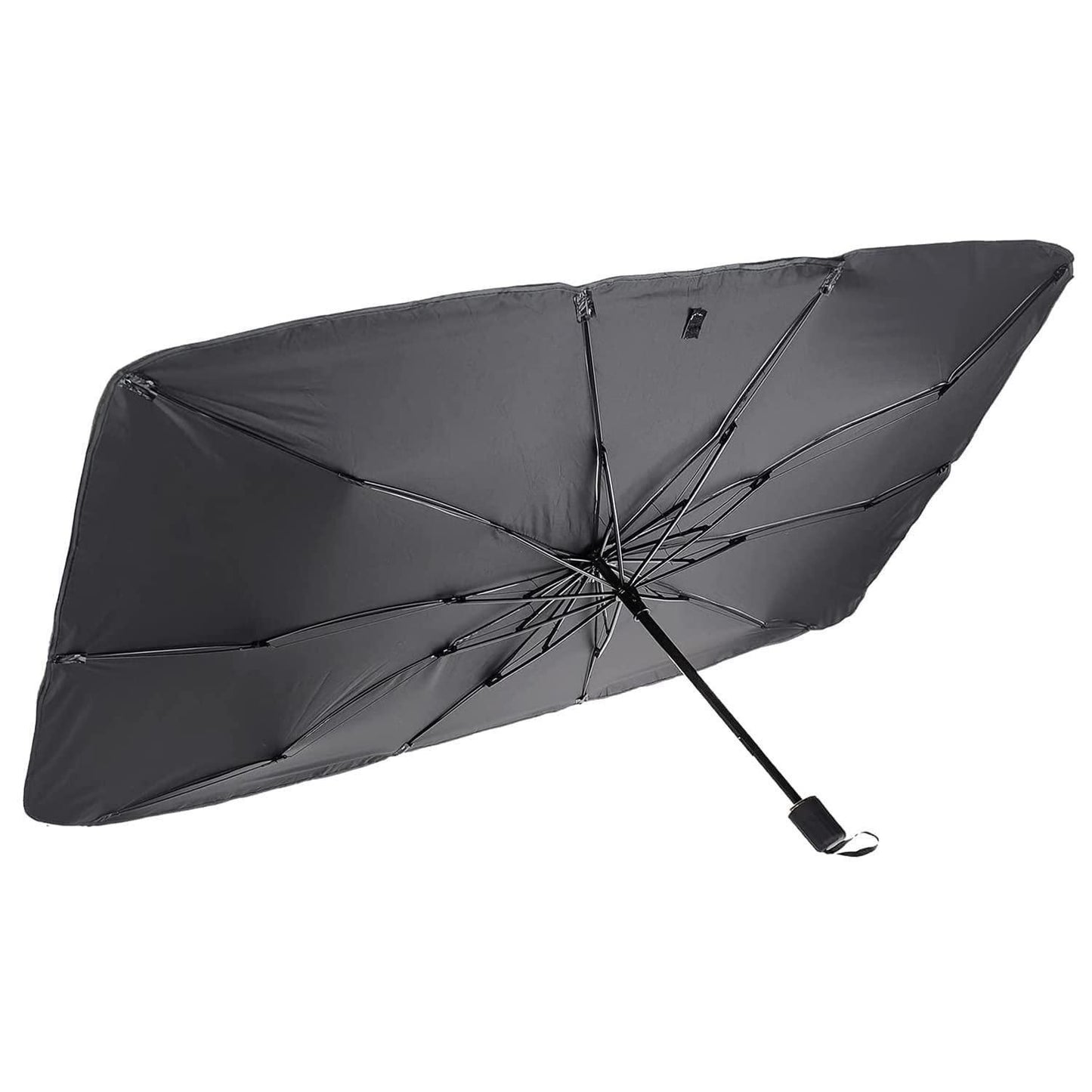Black umbrella on a white background, Alloy steel windshield umbrella shade protecting car interior from 70 degree summer temperatures