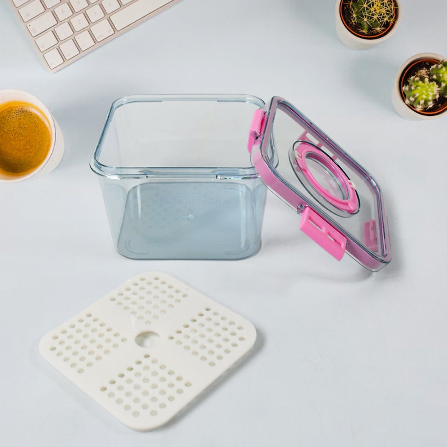 Clear plastic container to hold fruits and can be kept inside refrigerator shelf easily