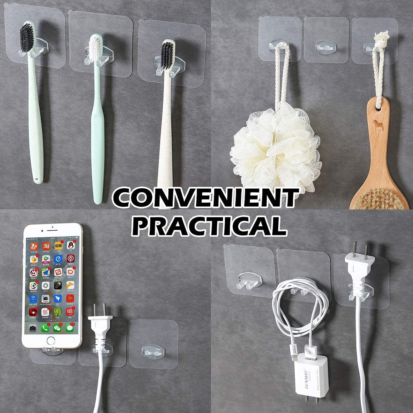 Drill-free seamless adhesive wall hook holding power plug