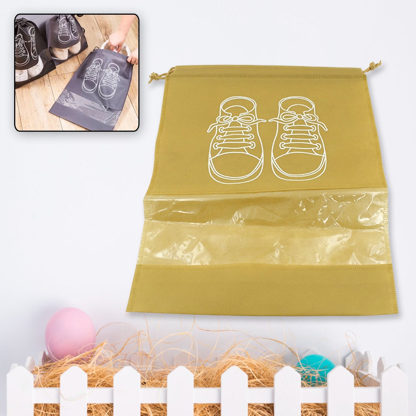 Portable shoe pouch for travel and luggage, breathable mesh, protects shoes from dust and moisture