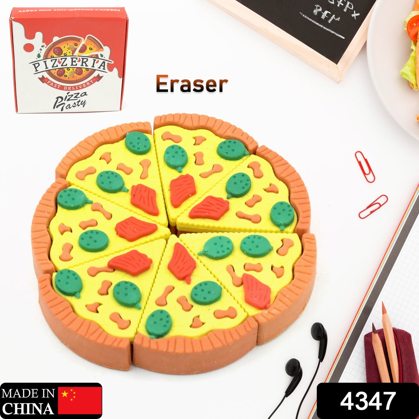 Set of 7 pizza slice erasers perfect for return gifts, party favors, and stationery kits