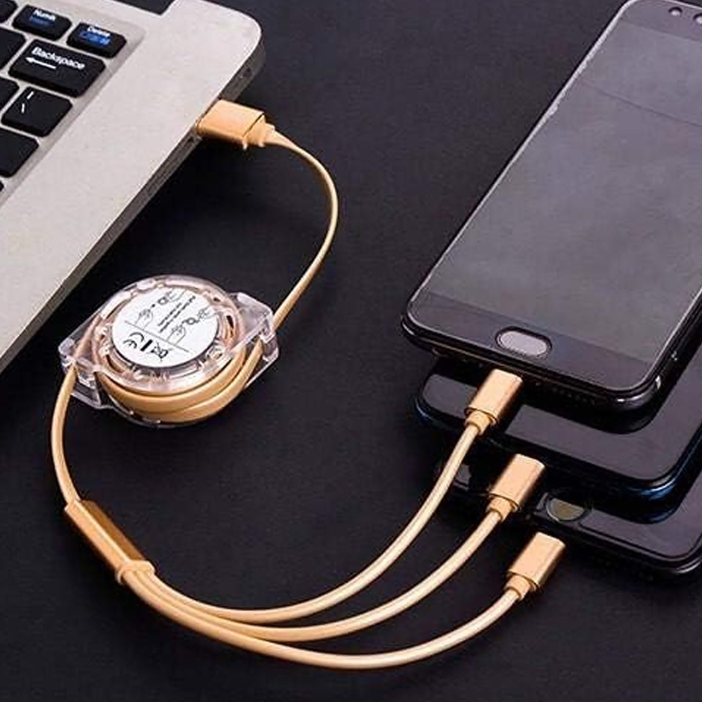 Portable retractable charging cable with USB-C and Micro USB support