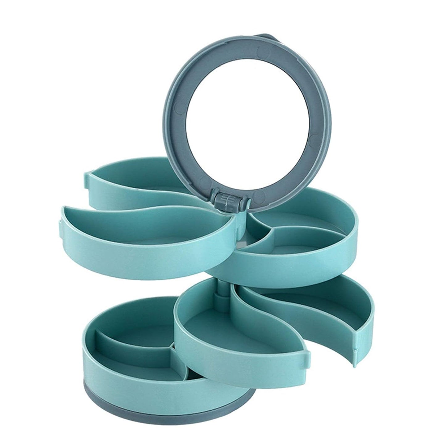 Travel-friendly jewelry organizer with four storage layers and 360-degree rotatable design