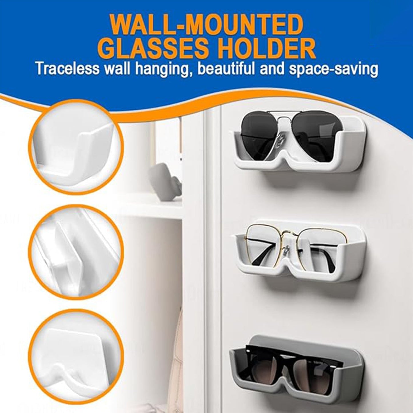 Easy to install wall mount eyewear organizer with adhesive strips