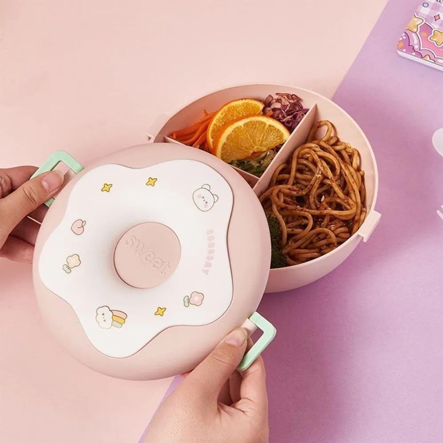 Donut Shaped Double Insulated 3 Compartment Lunch Box, Fun donut shaped compact plastic lunch box for school or office