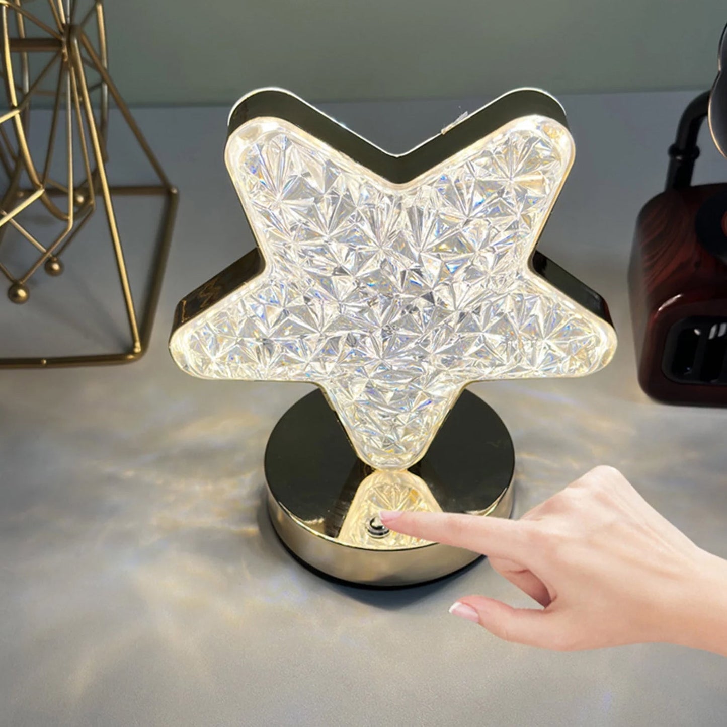 Compact crystal diamond lamp glowing with natural white light