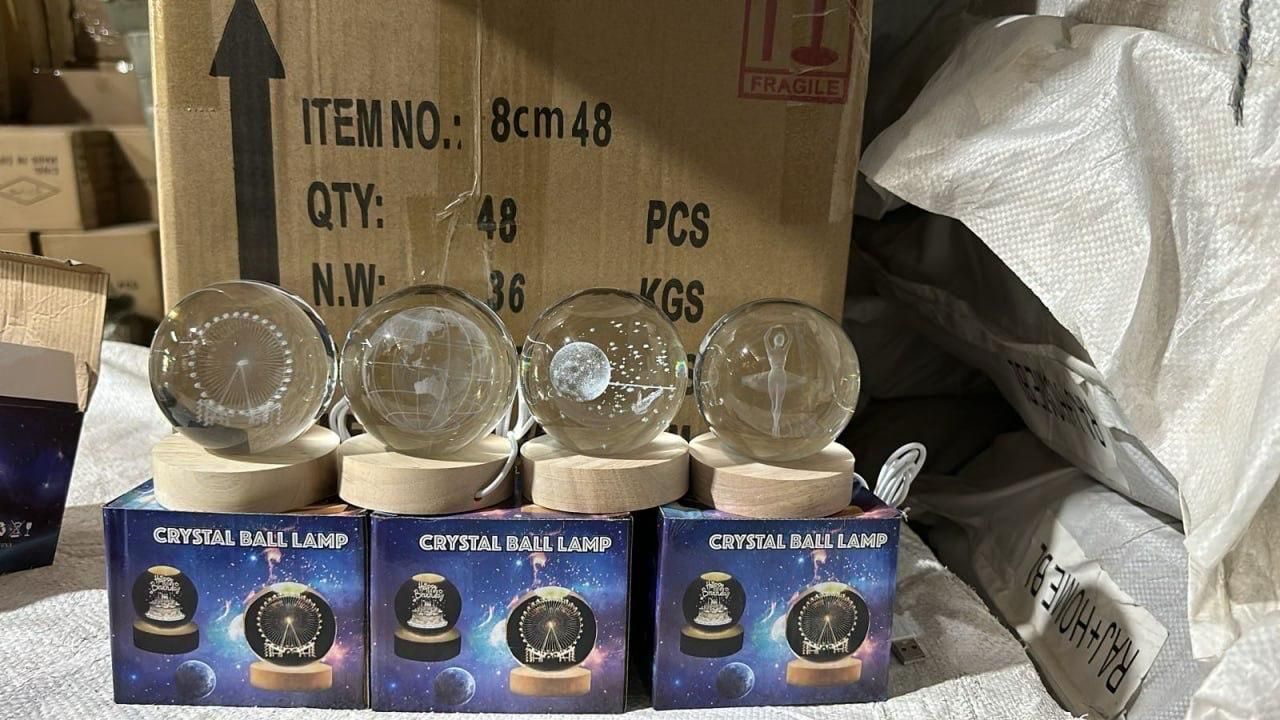 Crystal lighting lamp with adjustable brightness controls showing multiple color settings and modes, LED crystal ball lamp creating colorful reflections and patterns for bedroom decor ambiance, Crystal ball light with 16 colors positioned on nightstand providing gentle mood lighting