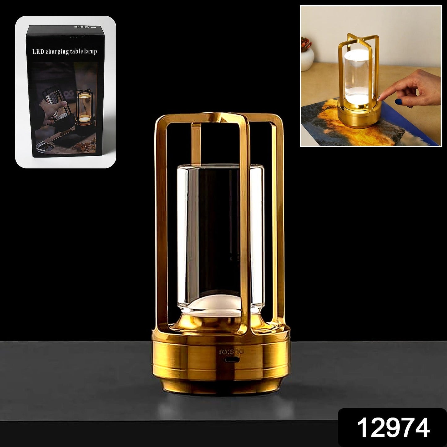 Rechargeable cordless crystal lamp glowing in warm yellow