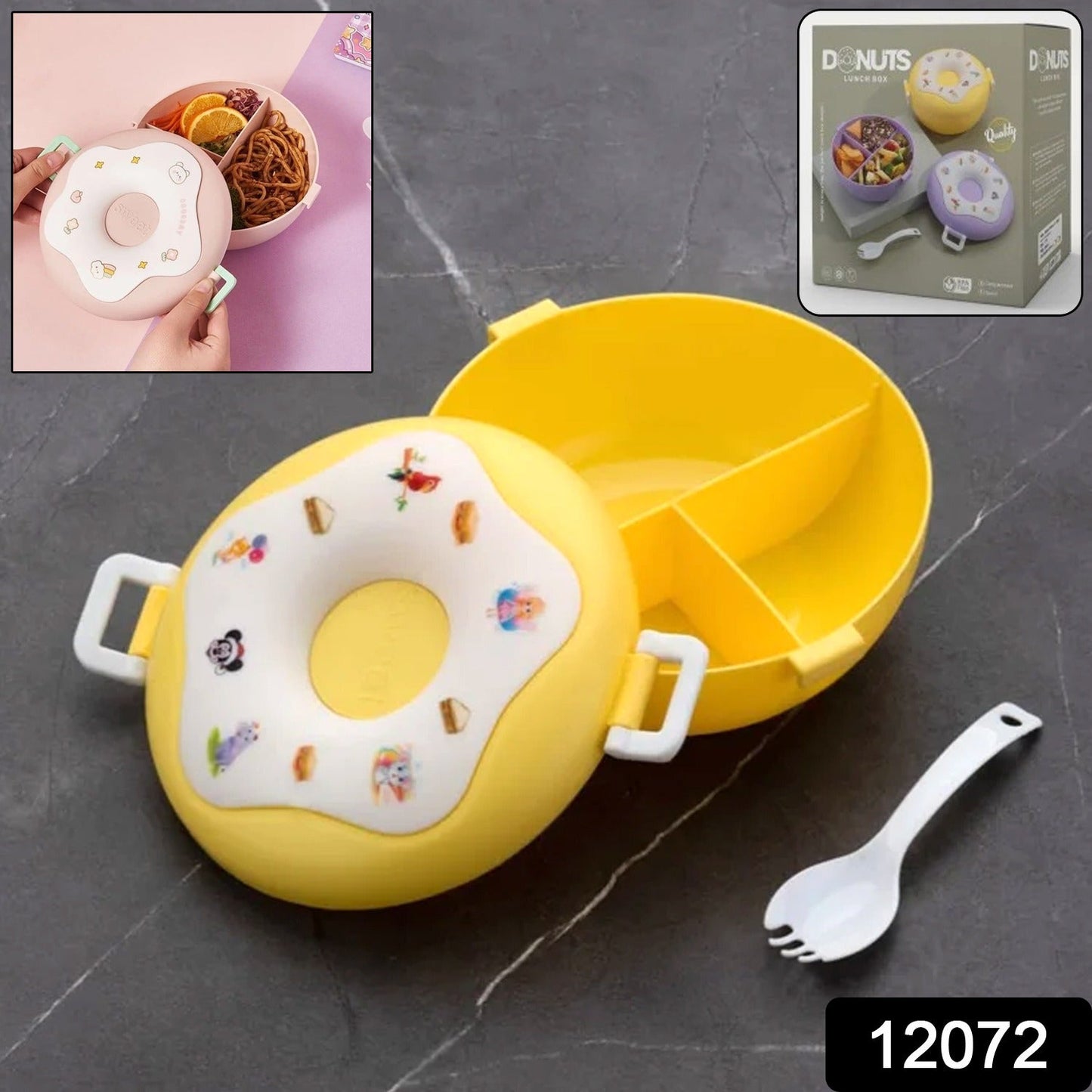 Donut-Shaped Double Insulated 3-Compartment Lunch Box, Cute kids lunch box plastic donut design colorful storage container