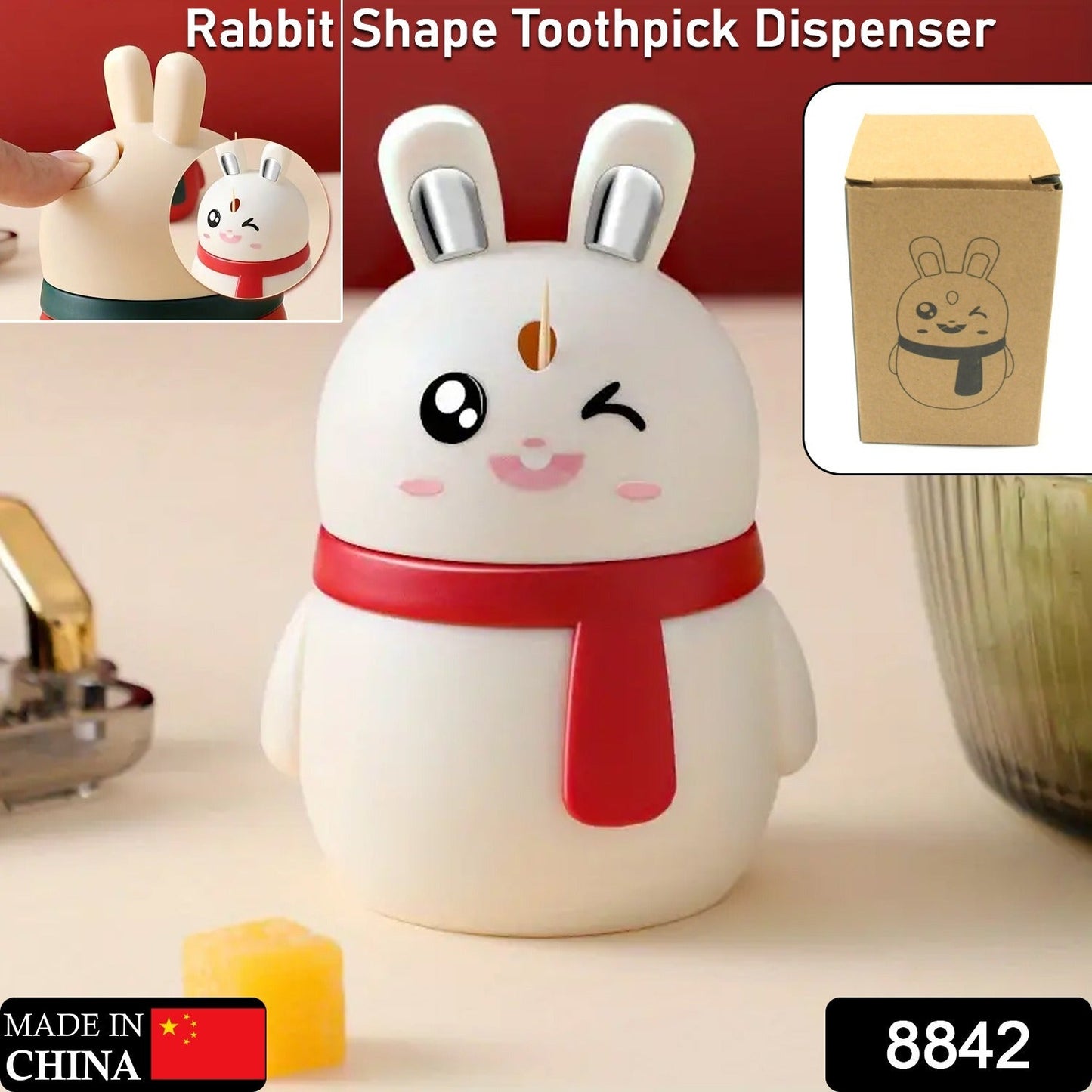 Automatic toothpick dispenser with push button and smiling rabbit design