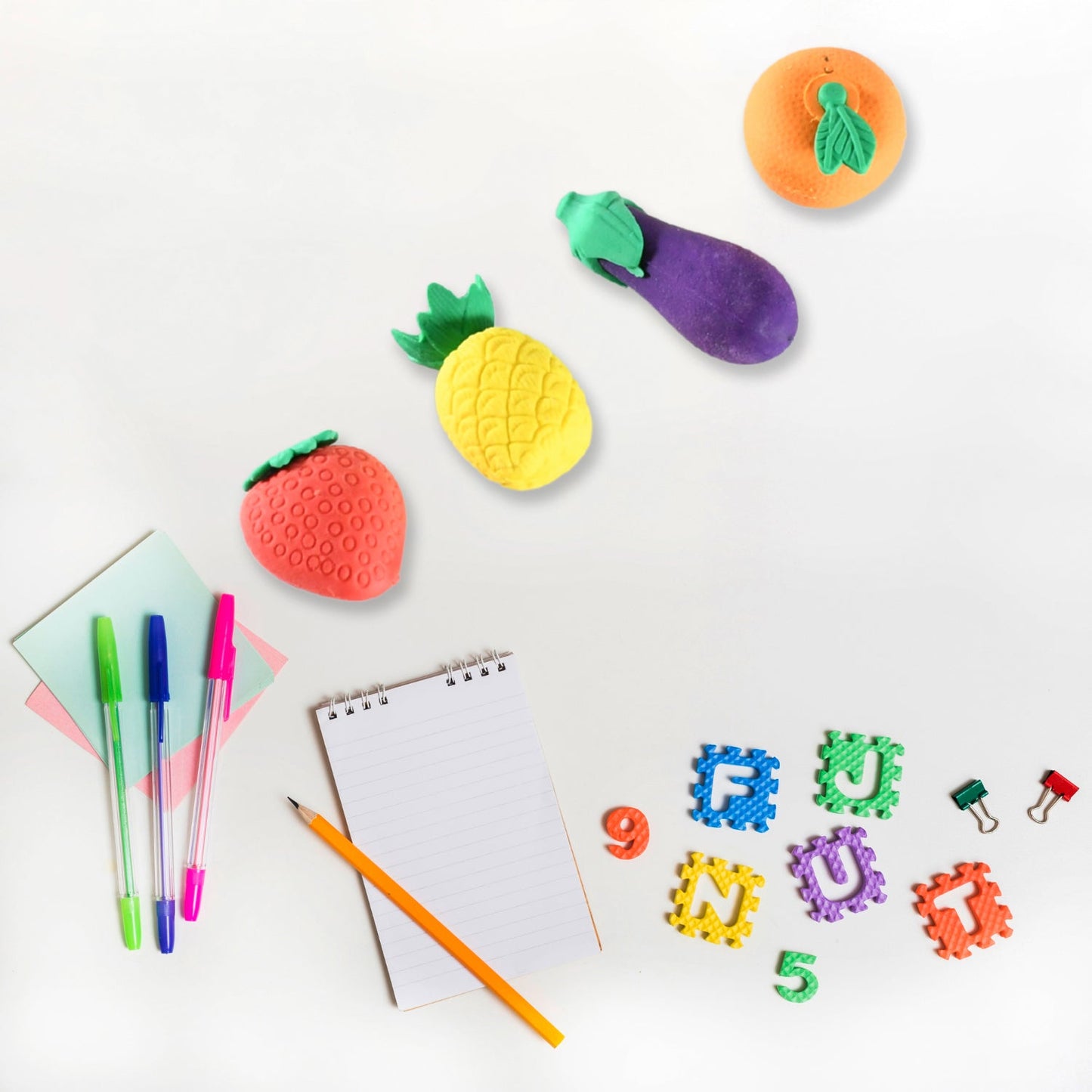 School prize eraser set with fun fruit and vegetable designs