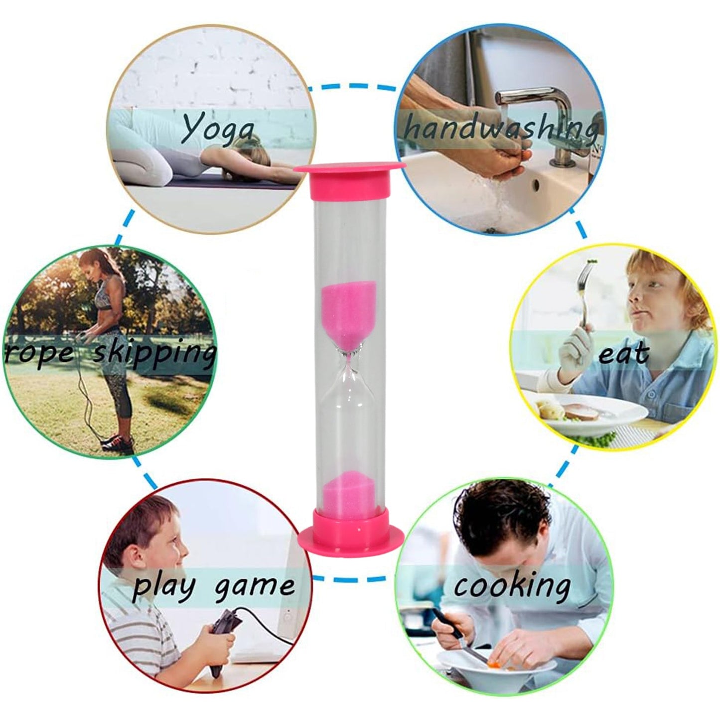 Set of five colorful plastic sand timers with protective shell
