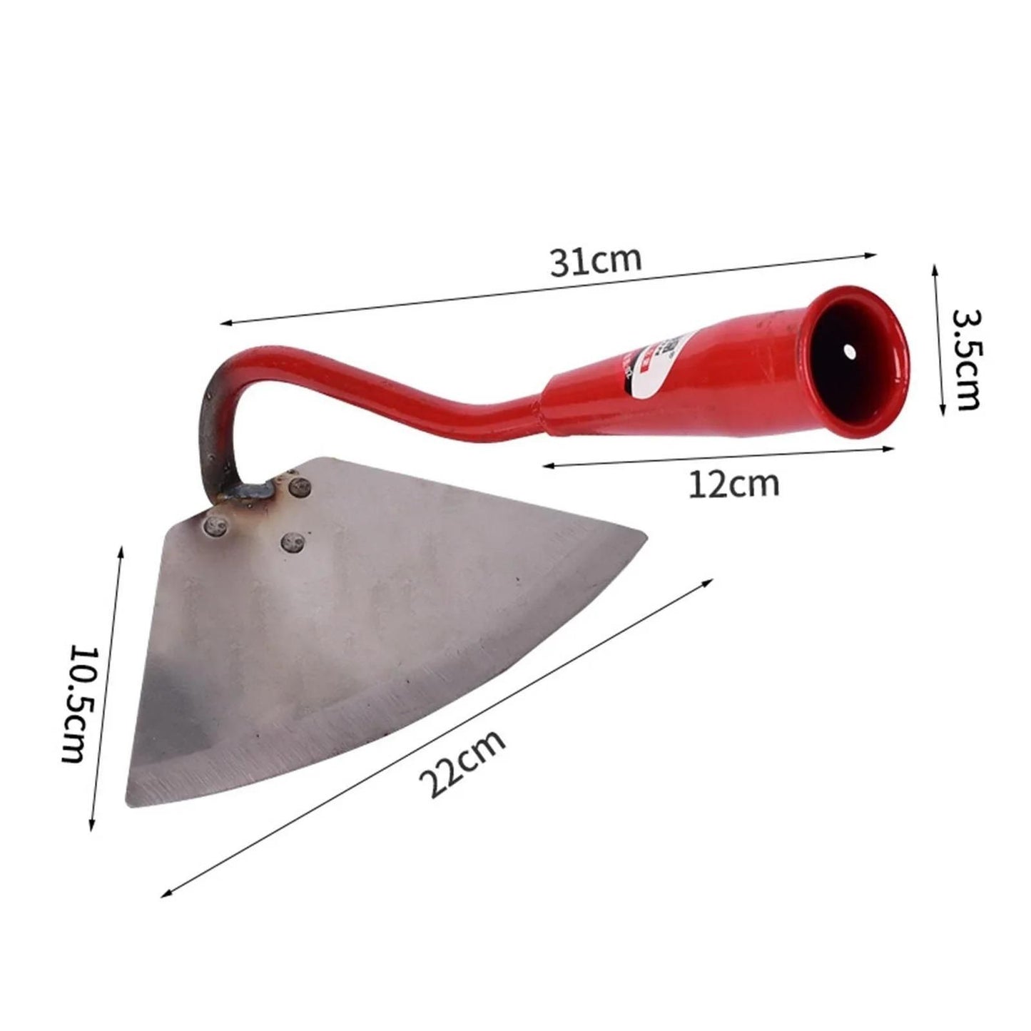 Measurement chart of a red-handled metal tool with dimensions labeled. Multi-purpose manual weed puller displaying stainless steel blade and ergonomic handle for durable performance