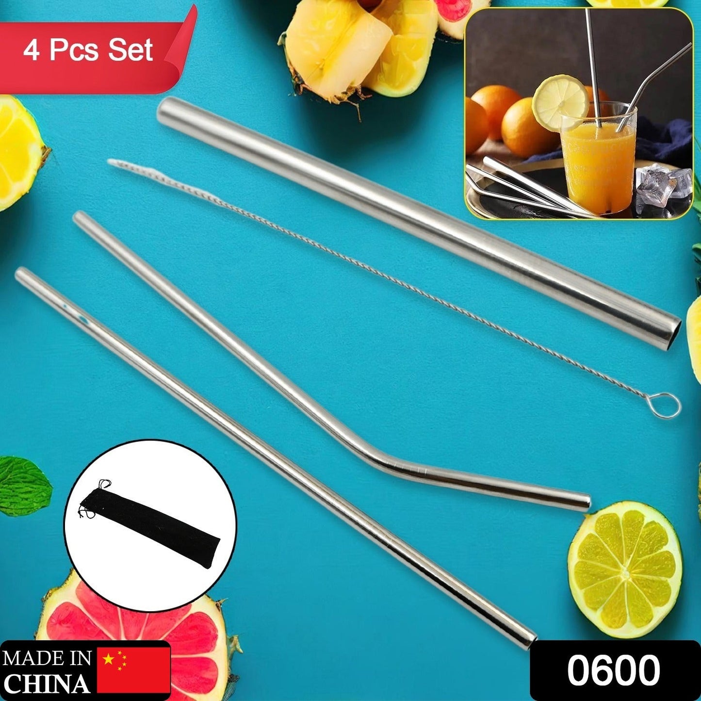 Extra long metal straws for smoothies and cocktails with cleaning brush