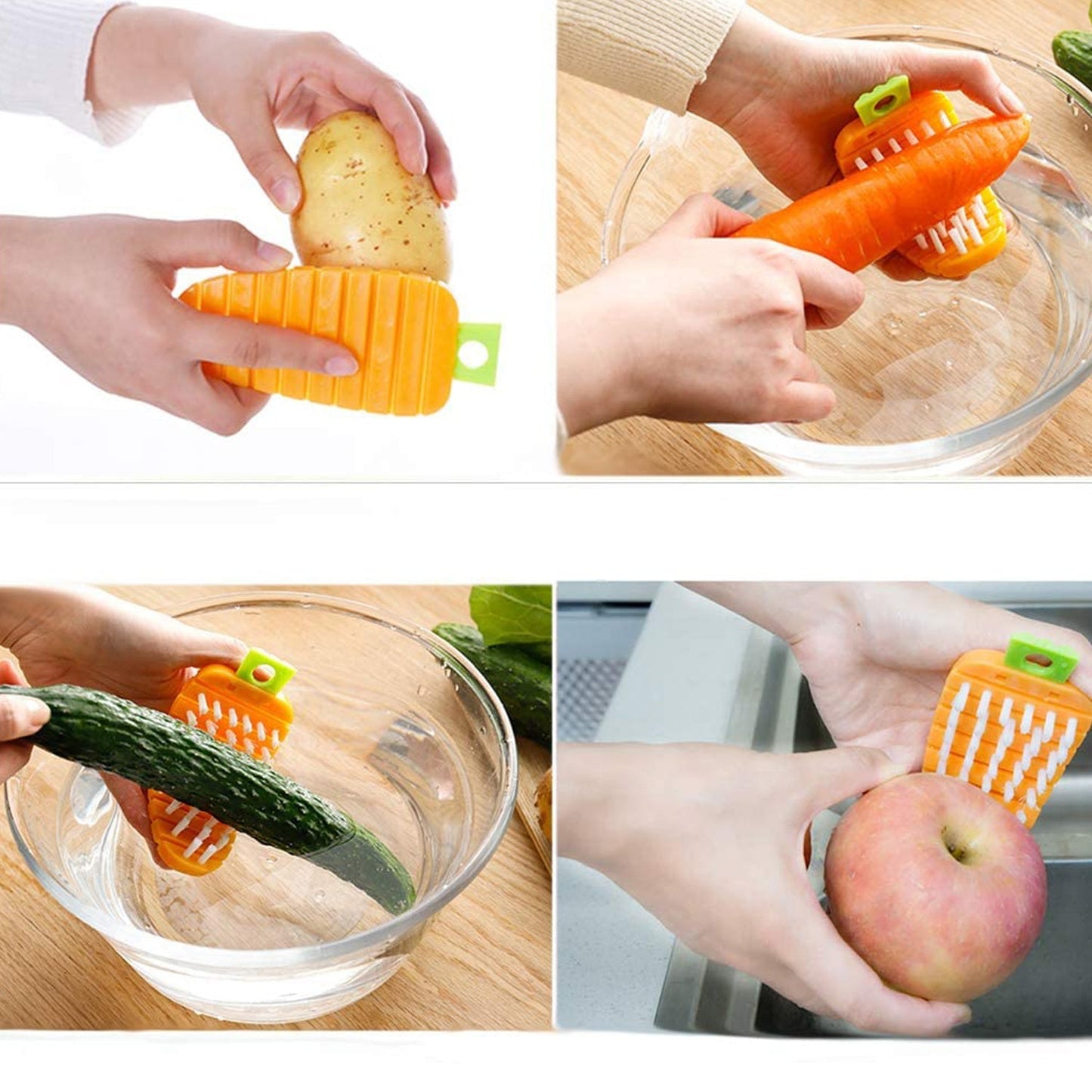 Compact kitchen vegetable brush with hanging hole for storage