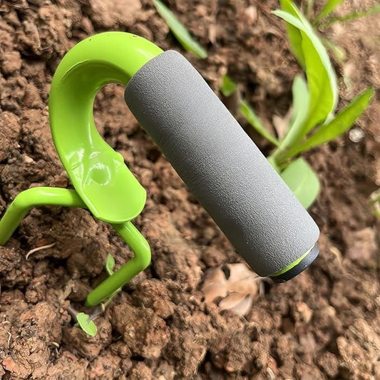 Green gardening tool with gray handle in soil, Ergonomic alloy steel gardening tool showing 2.4 inch spikes for soil water nutrients oxygen delivery