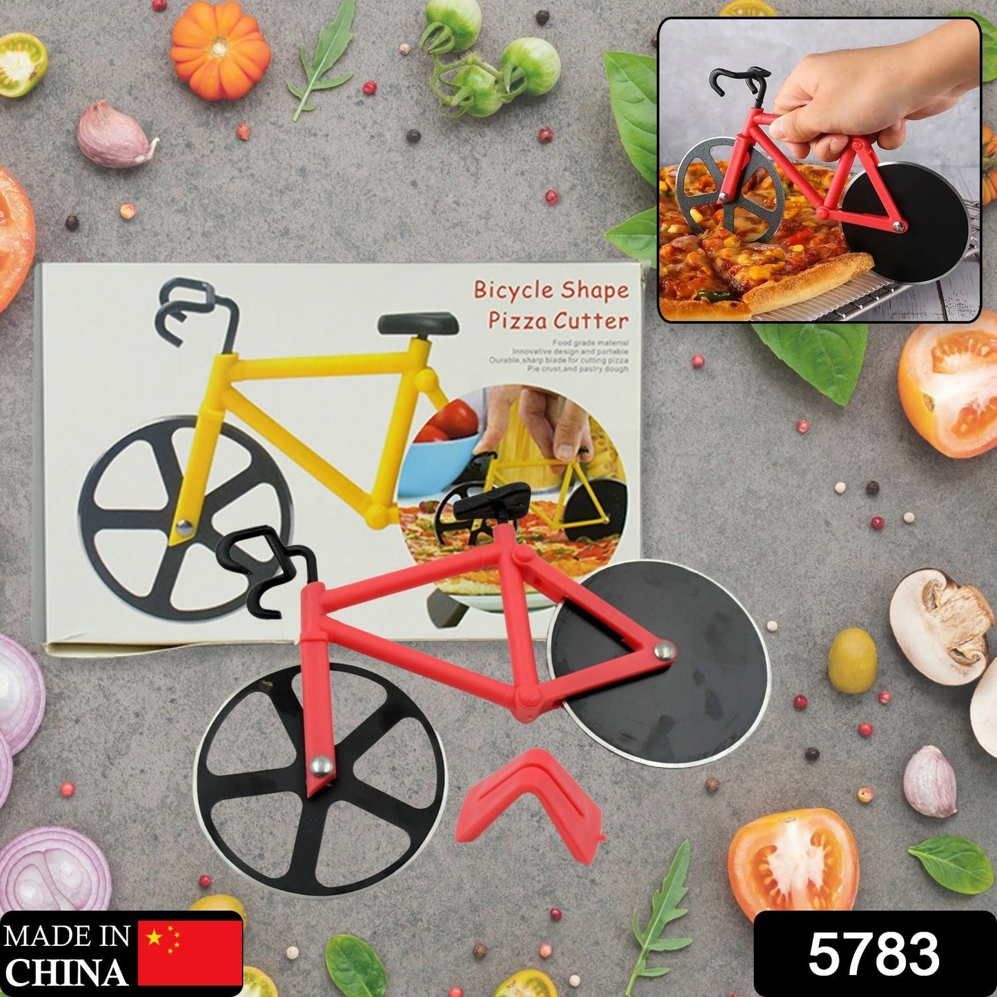 Unique bicycle design pizza slicer tool with stainless steel wheel and silicone grip handle for kitchen use