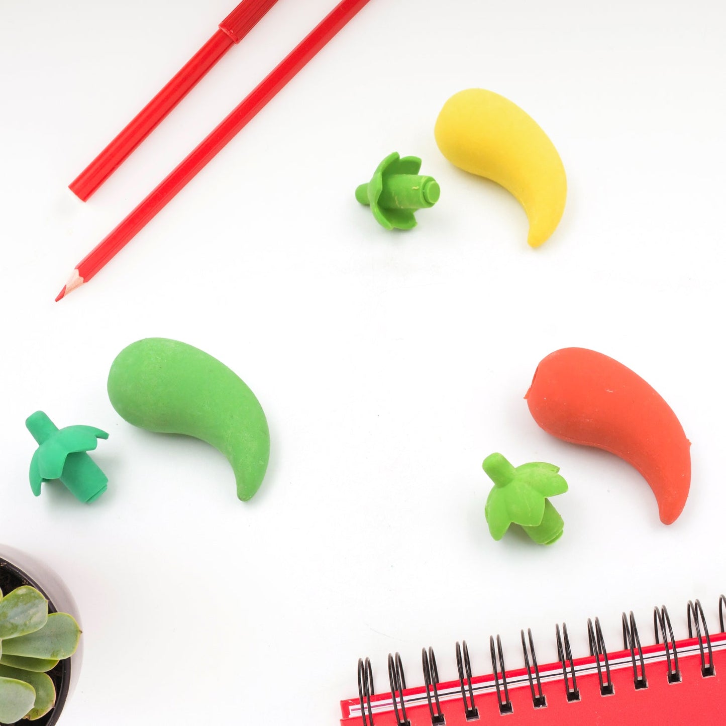Fancy chili erasers kit with three bright mini erasers, ideal for party favors and collector kids