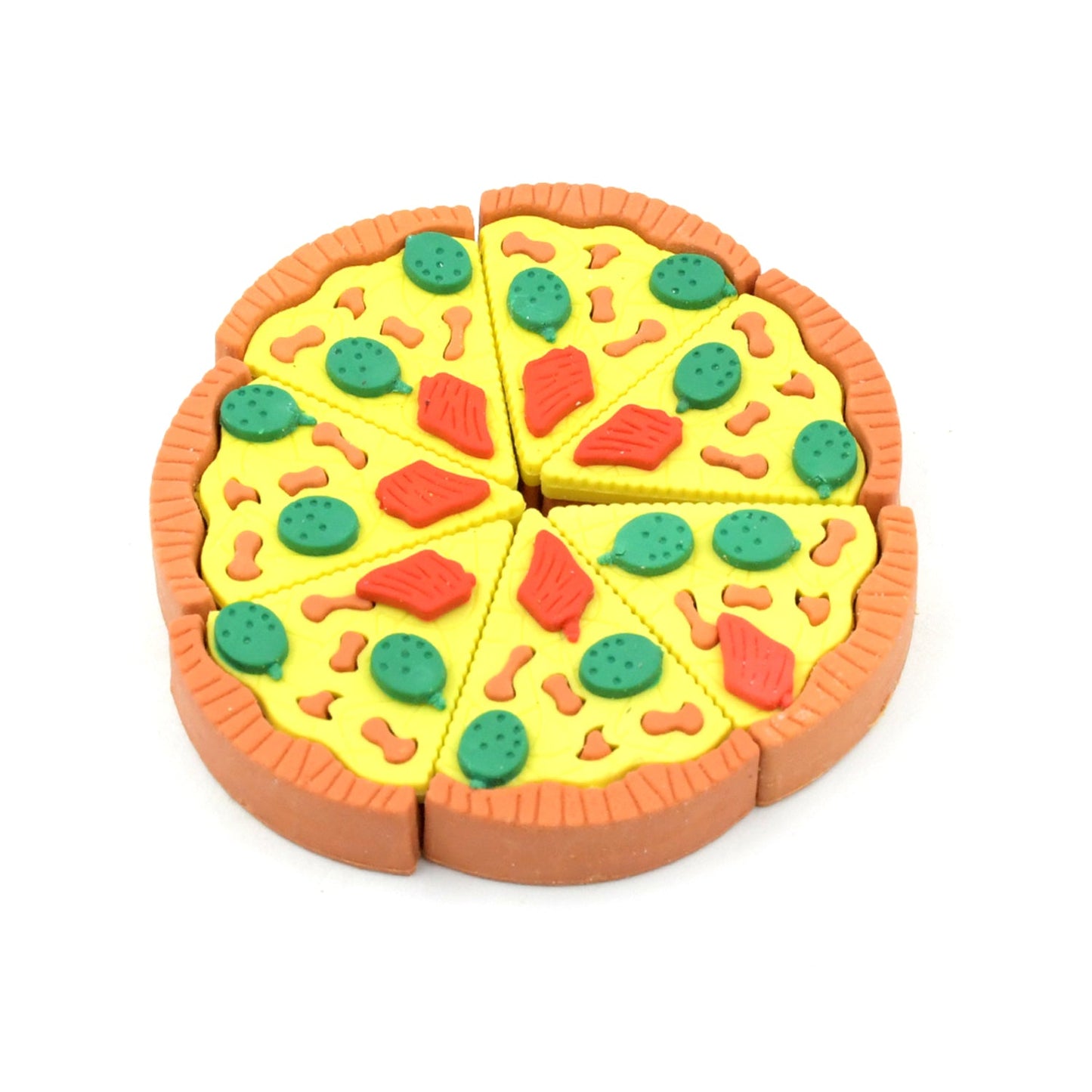 Vibrant pizza slice erasers made of high-quality rubber, suitable for school prize giveaways
