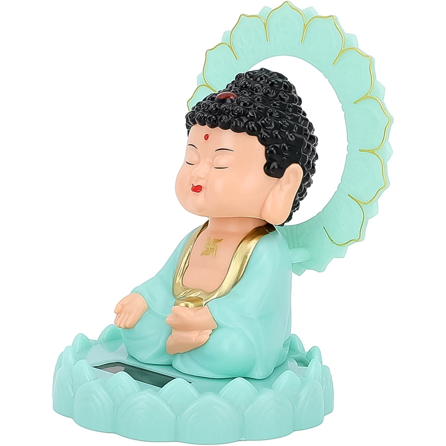 Feng Shui solar Buddha statue glowing at night with scriptures