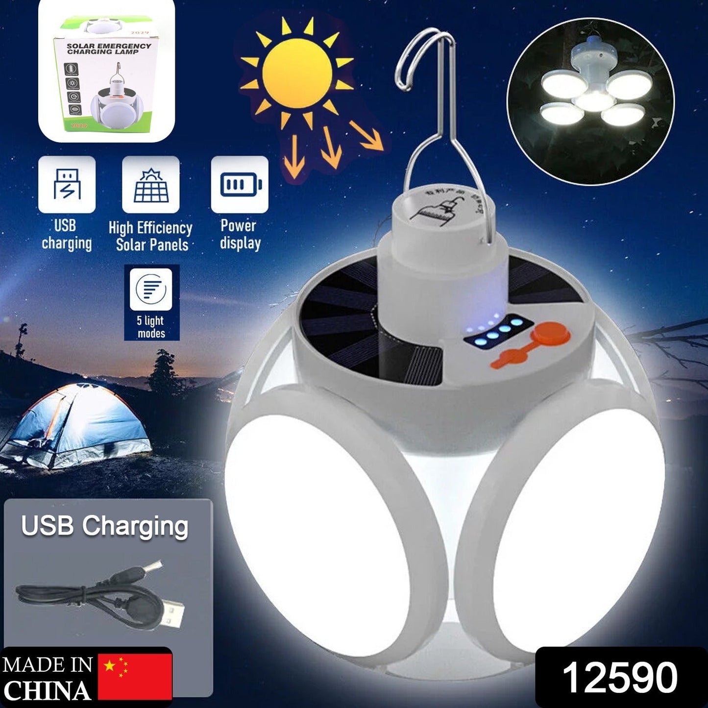 USB rechargeable camping lantern with hook for tent hanging