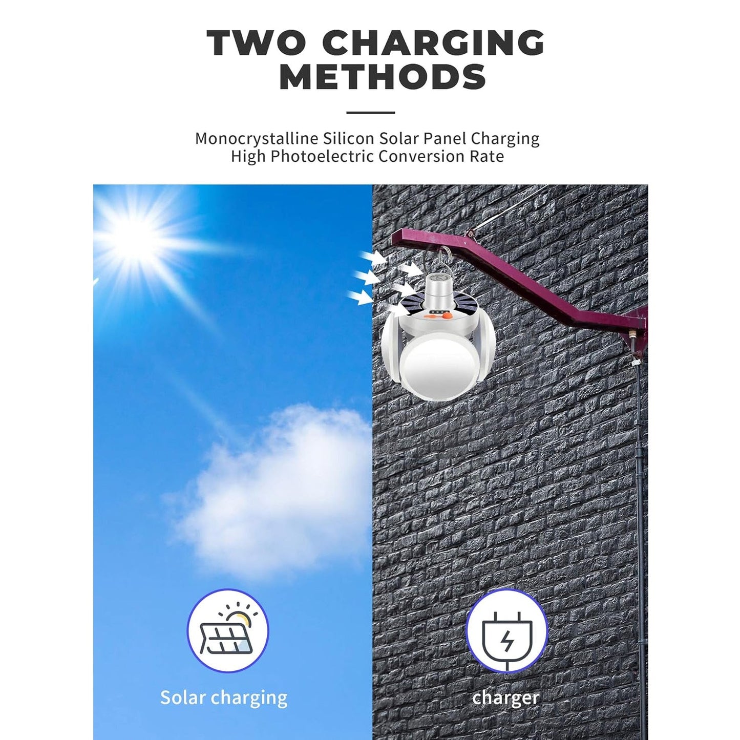 USB cable connected to foldable rechargeable camping light