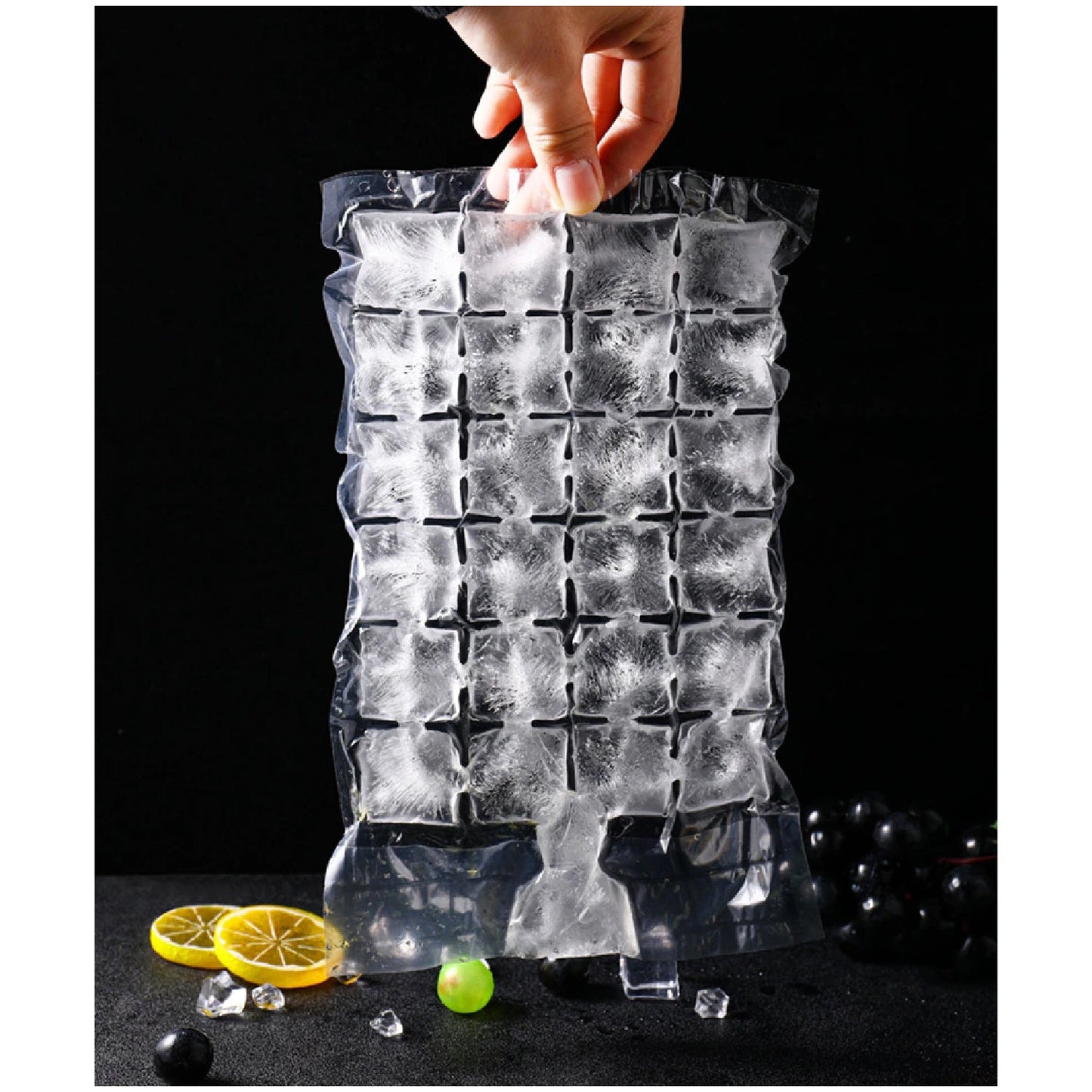 Portable disposable ice cube bag with frozen cubes for travel