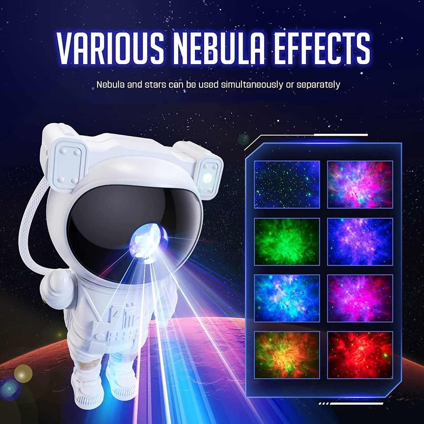 Astronaut toy with nebula effect projector against a space-themed background