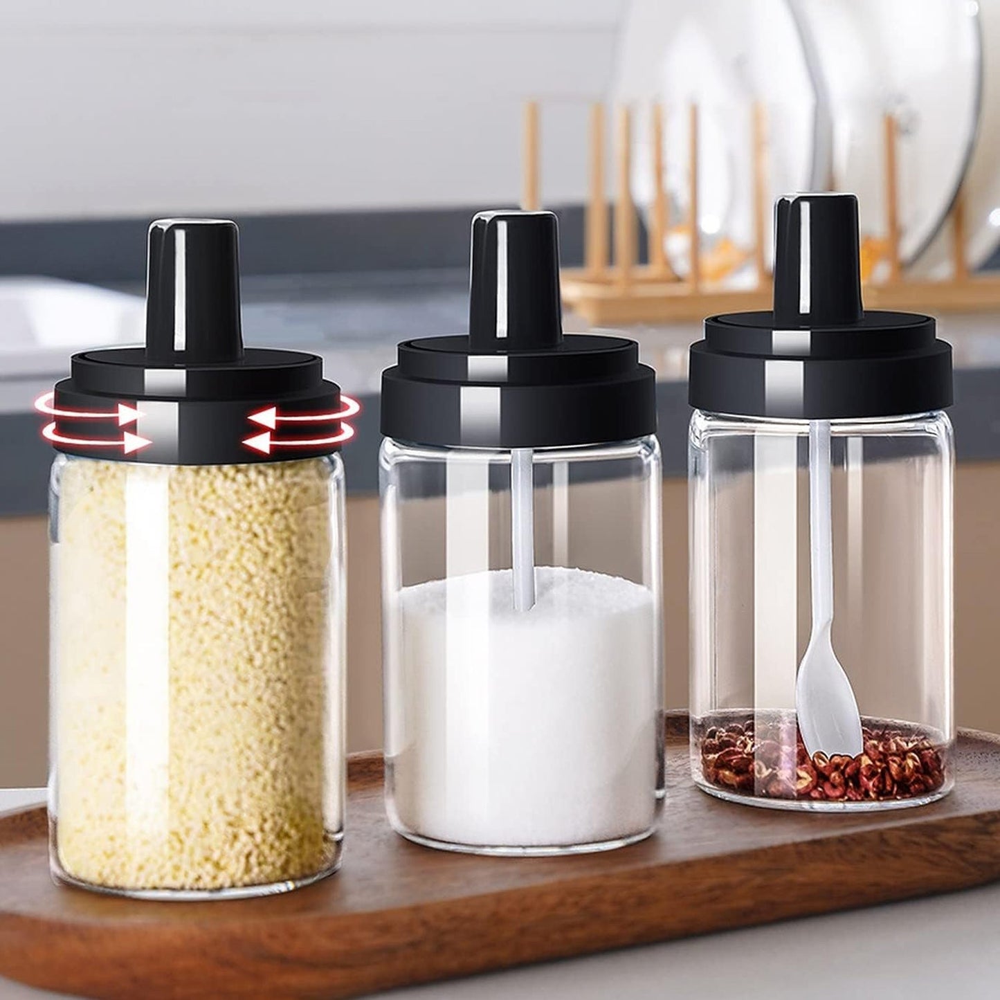 See through glass masala container with airtight lid for kitchen