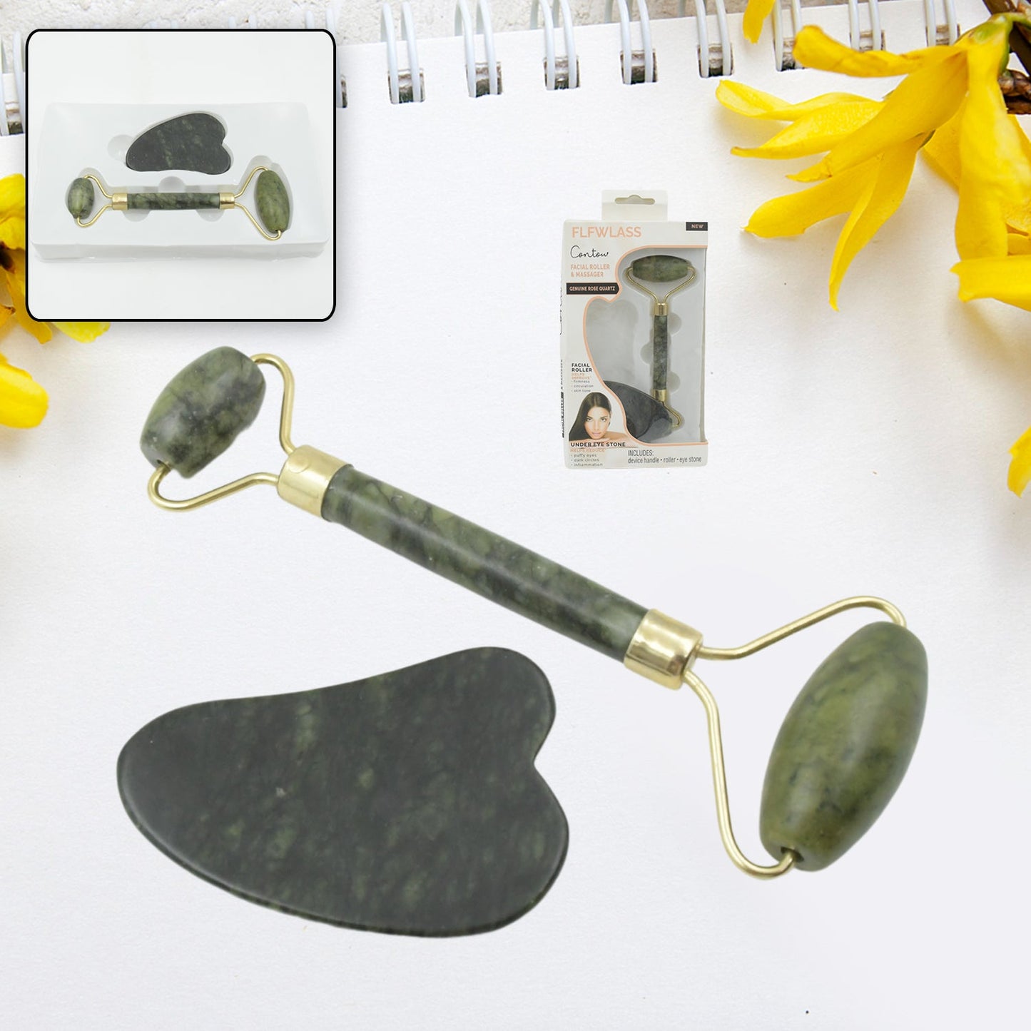 Natural jade roller and gua sha stone set for facial massage and anti-aging skin care