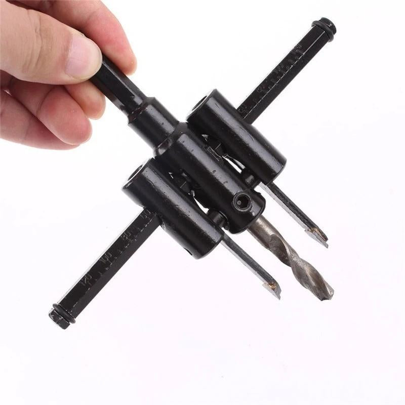 Circle saw drill attachment cutting hole in plywood surface