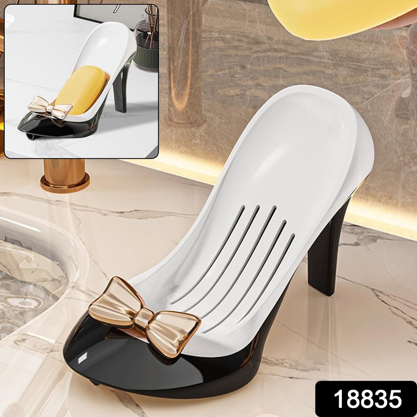 quirky high heel soap dish for sink and shower, fun and functional soap holder for home decor, plastic self-draining soap tray in high heels design, decorative bathroom soap case with water drain feature,
