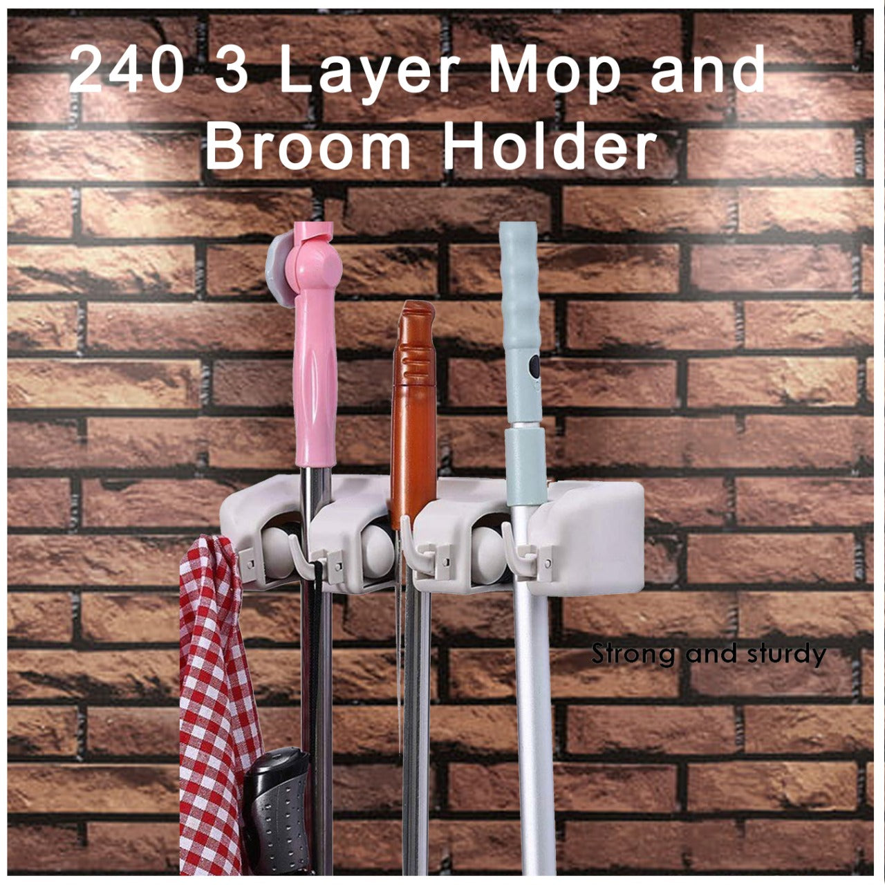 3-layer holder for organizing cleaning tools. wall mop holder, broom organizer rack, kitchen cleaning tool holder, garden tool hanger, garage mop rack, multipurpose wall mount holder