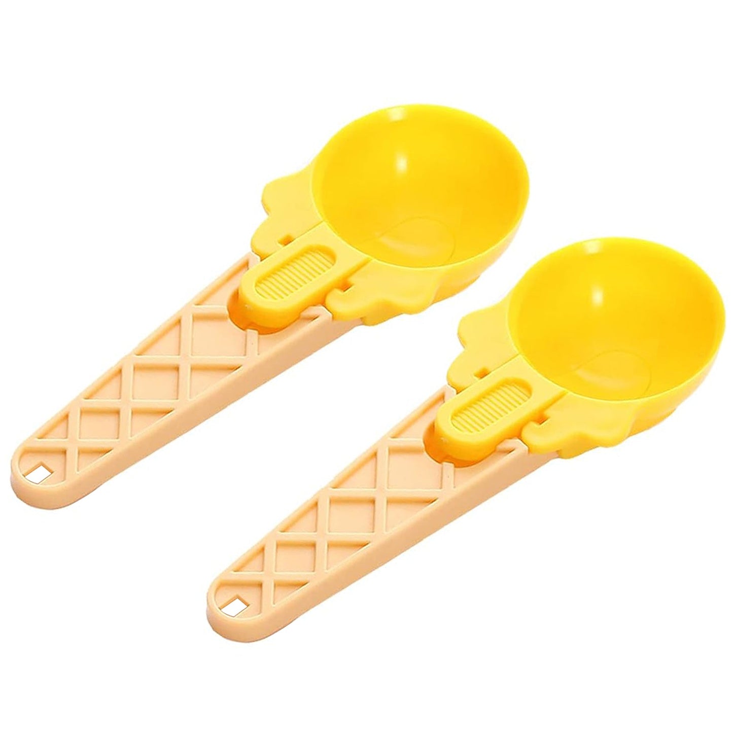 Two plastic ice cream scoops with trigger handles for easy serving