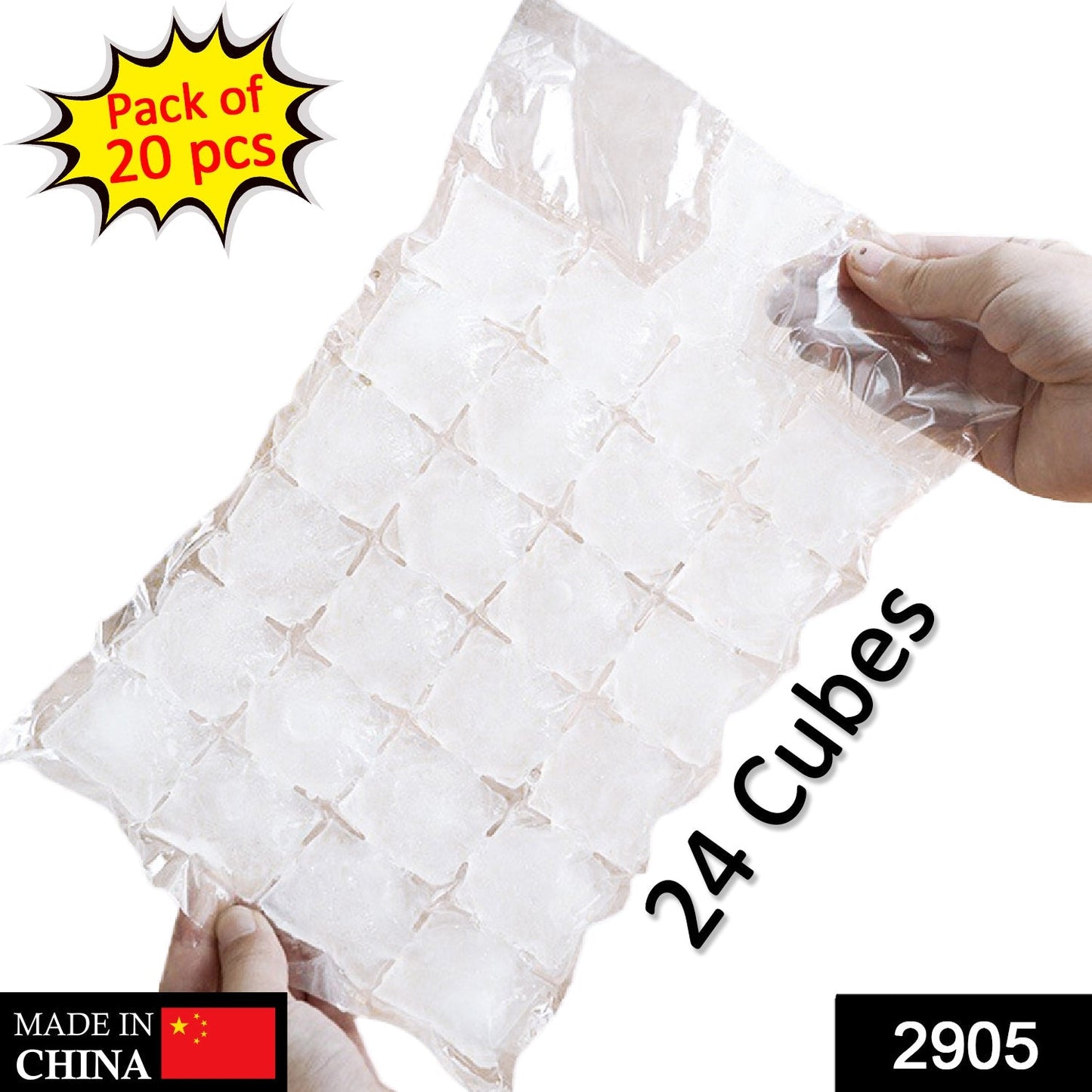Clear BPA-free disposable ice bags in freezer, easy tear release