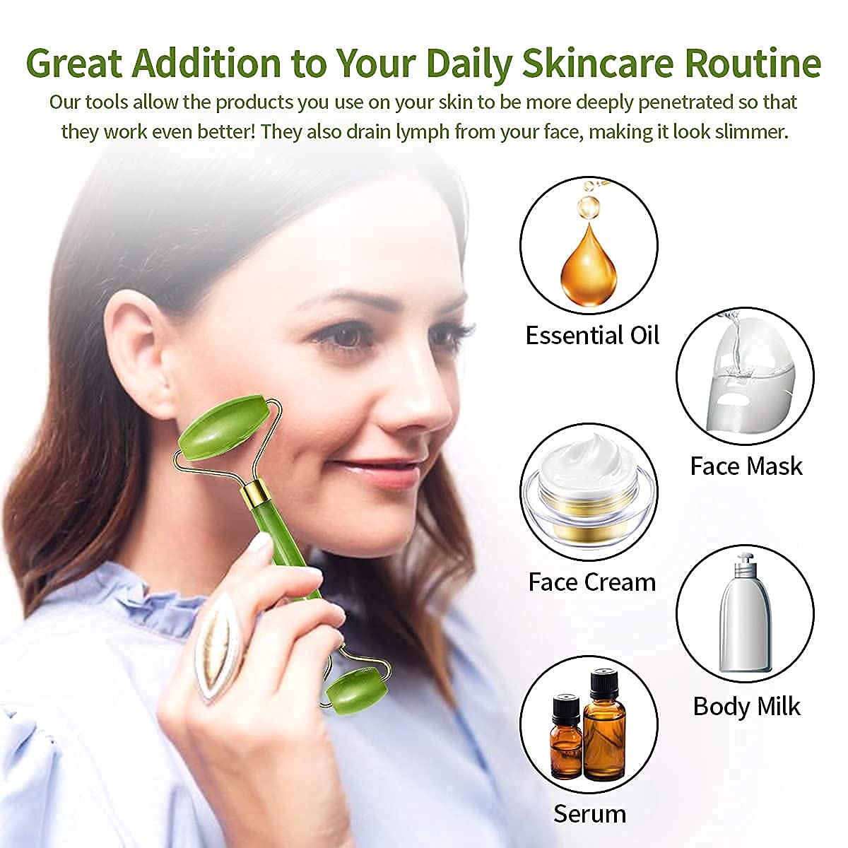 Jade roller and gua sha stone for use with skincare products enhancing absorption