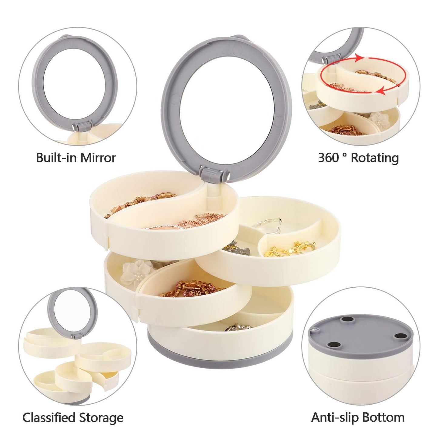 Rotating jewelry case designed with four layers for neat storage of rings, earrings, and necklaces