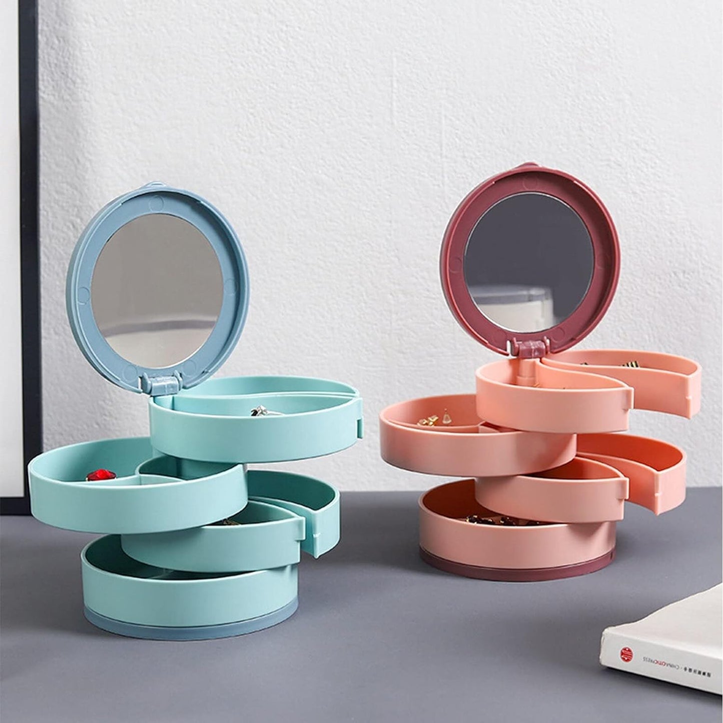 Eco-safe ABS plastic layered jewelry box with cushioned pads and mirror for women’s accessories