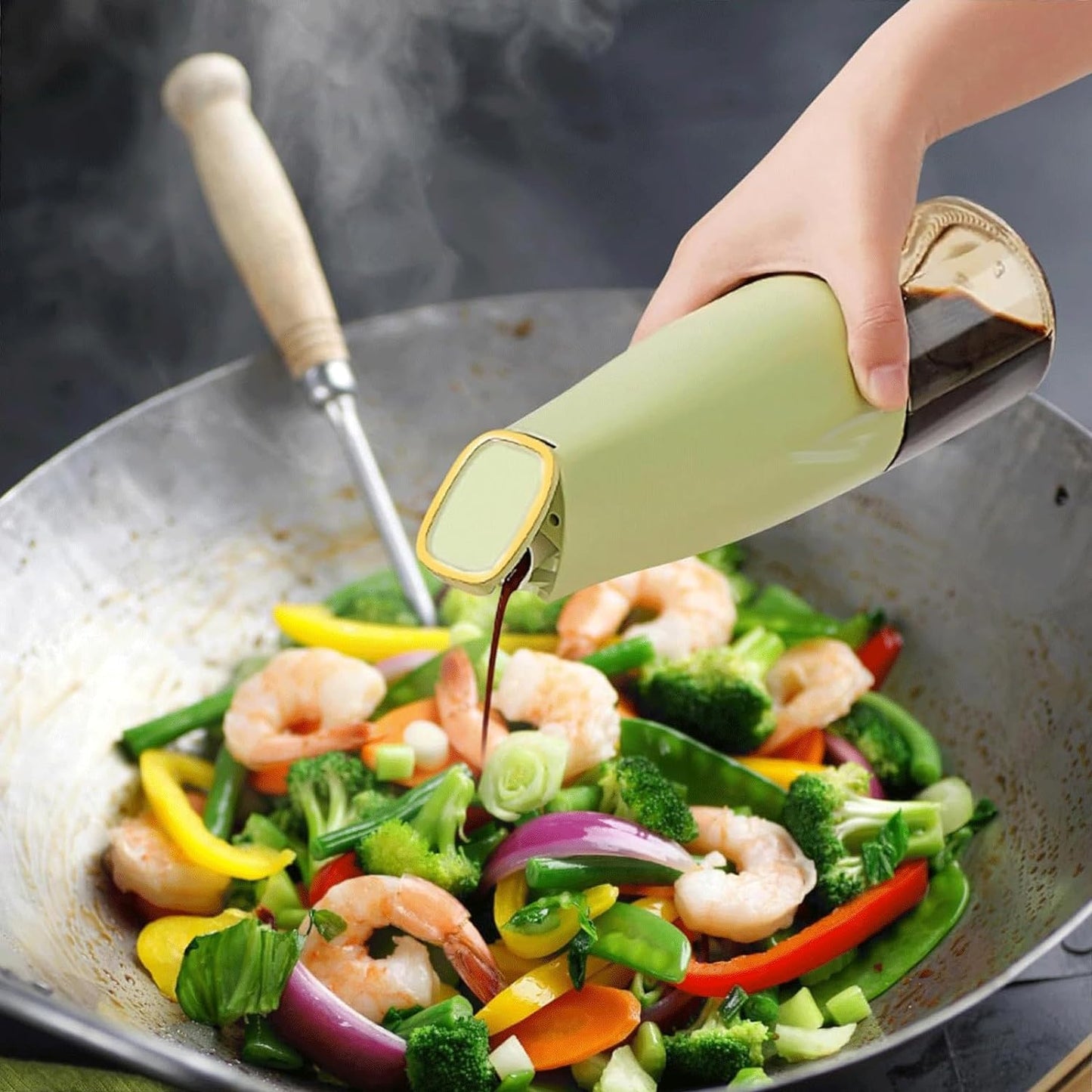 Gravity open lid oil bottle pouring oil into frying pan