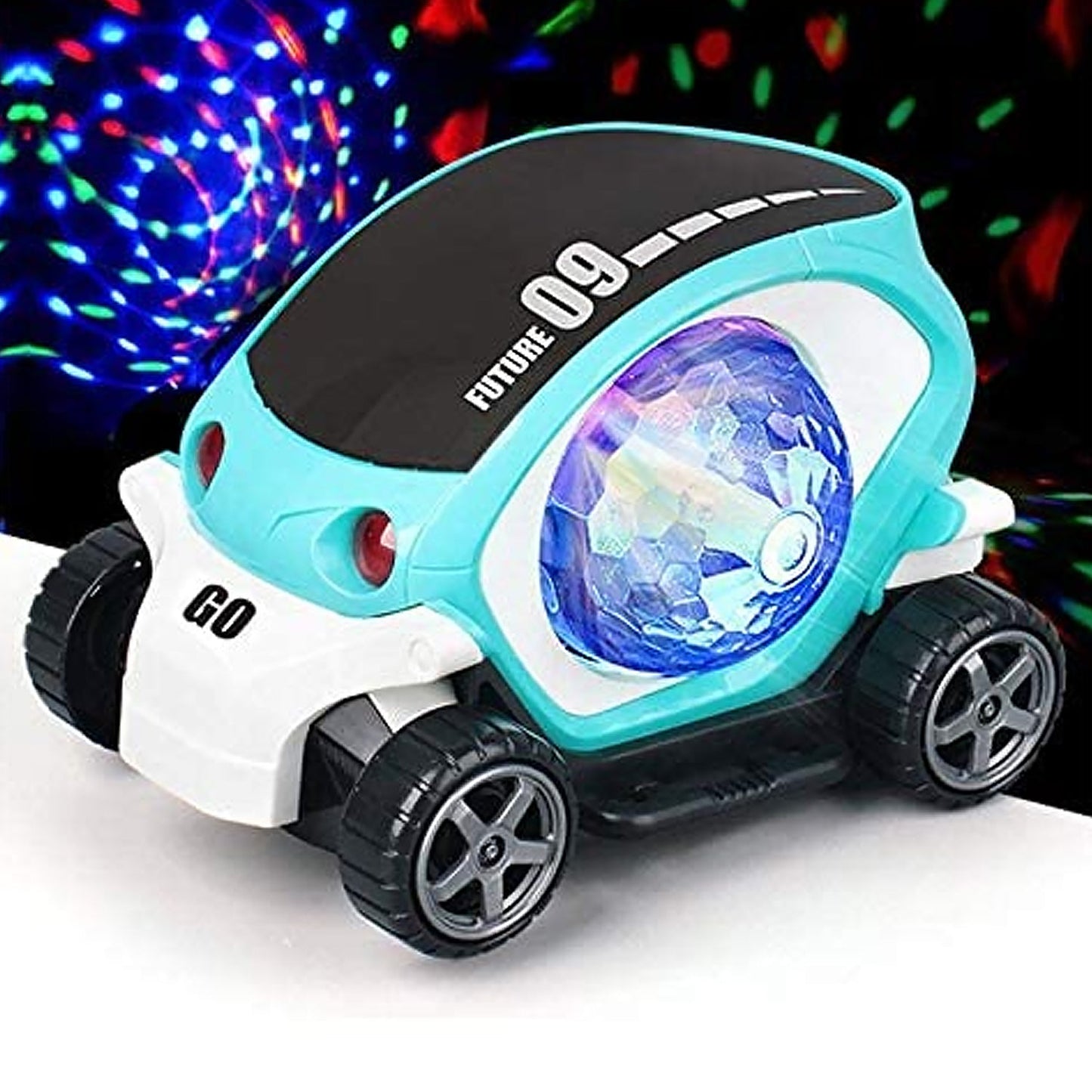 Dancing plastic toy car with disco ball effect on surface